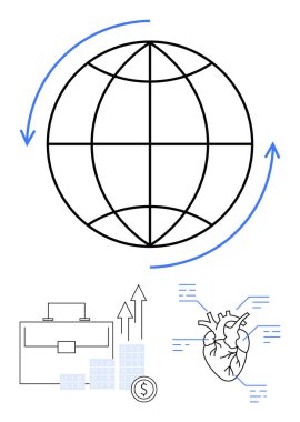 Oklu dünya, büyüme grafikli evrak çantası ve bozuk para, veri çizgileri olan anatomik kalp. Küresel iş, bağlantı, teknoloji, sağlık, ekonomi eğitimi için ideal. Çizgi