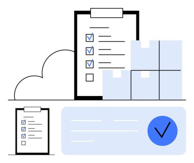 Kontrol listesi ve mavi işaretli pano, istiflenmiş kutular, büyük onay işareti. Lojistik, tedarik zinciri, envanter yönetimi, görev tamamlama, organizasyon, üretkenlik projesi planlaması için ideal