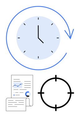 Zaman yönetimini simgeleyen geriye dönük oklu saat, analitik verili belgeler ve bir hedef. Üretkenlik, iş stratejisi, hedef belirleme, planlama, teslim tarihleri, verimlilik odakları için ideal
