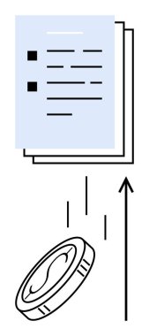 Yükselen bozuk para ve okun üzerindeki işaretli belge yığını gelişimi ve iş büyümesini simgeliyor. Temalar için ideal finans, organizasyon, başarı, strateji, yükselen hareketlilik, verimlilik