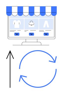 Masaüstü ekranında vitrin tenteli, yukarı doğru ok, dairesel geri dönüşüm işareti ile çeşitli ürünler gösteriliyor. E-ticaret, sürdürülebilirlik, çevre dostu, geri dönüşüm, çevrimiçi alışveriş, çevre için ideal