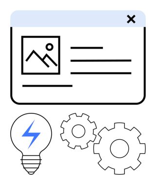 Görüntü yükleme penceresi olan dijital arayüz mavi yıldırımlı ampul, iki vites. Teknoloji, yenilik, yazılım geliştirme, proje planlama, yaratıcılık, tasarım için ideal