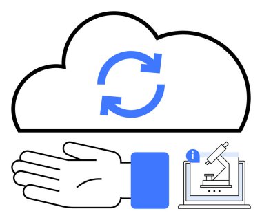 Senkronize oklu bulut, uzatılmış el, mikroskoplu bilgisayar ve bilgi simgesi. Teknoloji, araştırma, dijital destek, bilgi, depolama senkronizasyonu bilimi için ideal. Satır metaforu