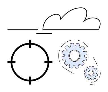 Bir hedef ve bulut yanında hareket halinde vitesler. İş stratejisi, verimlilik, takım çalışması, hedef belirleme, bulut teknolojisi, iş akışı optimizasyonu ve verimlilik için ideal. Satır metaforu