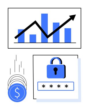 Yukarı doğru oklu çubuk çizelgesi büyümeyi, bozuk paraların düşüşünü ve parola alanındaki asma kilidi gösteriyor. Veri analizi, mali büyüme, güvenlik, yatırım, çevrimiçi koruma ve stratejik finansman için ideal
