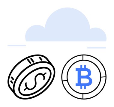 Dolarlı sikkeler ve bulut altında Bitcoin sembolleri. Finans, kripto para birimi, dijital cüzdanlar, engelleme teknolojisi, fintech, online işlemler, yatırım için ideal. Satır metaforu