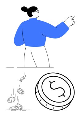 Person in blue sweater pointing to the side, several coins falling, and a large coin with a dollar sign. Ideal for financial services, saving tips, investment guides, budget planning, economic clipart