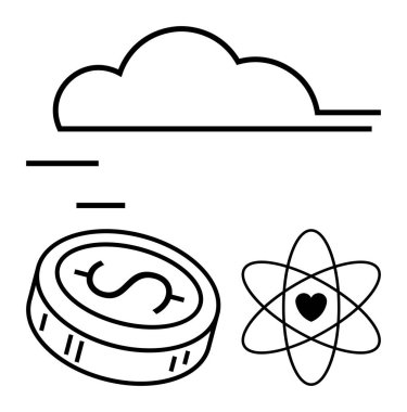 Bulut, dolar sembollü para, kalp atomlu temel elementlerdir. Teknoloji, finans, sağlık, yenilik, dijital dönüşüm bilim bulut hesaplaması için idealdir. Satır metaforu