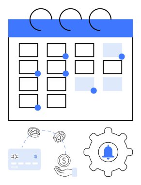 Etkinlik takvimi, çan ikonlu ekipman, ödeme kartı, madeni parayla el. Programlama, verimlilik, hatırlatmalar, otomasyon finansal planlama görev yönetimi için idealdir. Çizgi