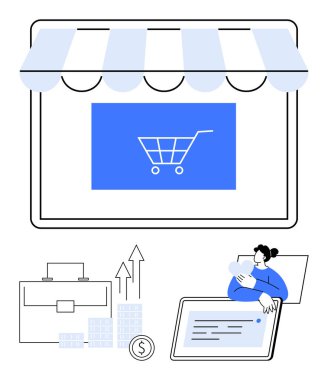 Market vitrininde bir alışveriş arabası ikonu, tablet kullanan kişi, büyüme tablosu, yükselen ok, evrak çantası ve para sembolü. E-ticaret, iş büyümesi, girişimcilik, çevrimiçi alışveriş için ideal