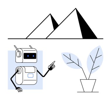 Robot bitkiyi işaret ediyor, piramitler arka planda. Teknoloji, doğa, tarih, yenilik, karşıtlık, minimalizm ve eğitim için idealdir. Satır metaforu