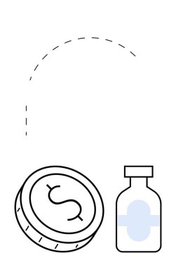 Dolar işaretli bozuk para ve kesik kavisli ilaç şişesi. Finans, sağlık, maliyet analizi, tıbbi yatırım, ilaç finansmanı, tedavi için uygun fiyatlar, ekonomik etki. Çizgi