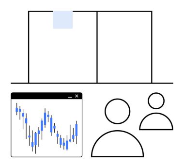 Market analysis graph window, two team members icons, bar charts on a partitioned board representing data-driven discussions. Ideal for business strategy sessions, financial analysis, project clipart