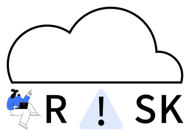 RISK 'de A harfini oluşturan üçgenin içinde ünlem işareti olan büyük bulut ana hatları. Bilgisayarı kullanan kişi. Siber güvenlik, veri koruması, bulut depolama, bilişim güvenliği ve çevrimiçi tehditler için ideal