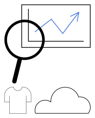 Büyüteç, bir tişört ve bulutun yanı sıra yukarı doğru eğilimli veri tablosuna odaklanır. Ticari büyüme, analitik, e-ticaret, hava durumu, bulut hesaplama, moda ve strateji için ideal