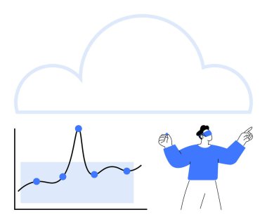 Veri grafiğinin üstünde bulut silueti ve canlandırılmış insan. Konseptler için ideal veri analizi, teknoloji, iş büyümesi, bulut hesaplaması, dijital dönüşüm, yenilik, eğitim. Çizgi