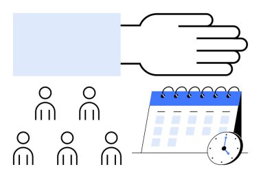 Mavi kulübe beş grup üyesi, takvimde mavi üst ve saat var. Zaman yönetimi, planlama, takım çalışması, sorumluluk, teslim tarihleri, organizasyon, planlama için ideal. Satır metaforu