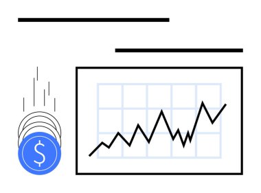 Artan bir grafiğin yanına düşen dolar işaretli mavi paralar finansal büyümeyi gösteriyor. Yatırımlar için ideal, ekonomik büyüme, mali planlama, borsa, iş başarısı, kâr