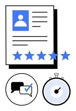 Profili beş yıldızlı konuşma baloncukları ve kronometresi olan belgeler. İşe alım için ideal, iş başvuruları, performans değerlendirmeleri, iletişim, zaman yönetimi, değerlendirme, İnsan Kaynakları. Çizgi