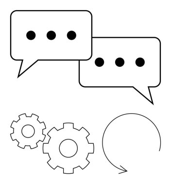 Elipsli konuşma baloncukları, iki vites ve dairesel ok ana hatları iletişimi, süreçleri ve iş akışı verimliliğini simgeler. İş, teknoloji, iletişim, işbirliği otomasyonu için ideal