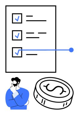 Kontrol listesi ve para sembolüyle düşünen bir adam. Finansal planlama, karar verme, iş stratejisi, bütçe, kişisel finans, hedef belirleme, proje yönetimi için idealdir. Satır metaforu