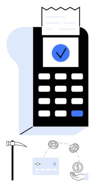 Faturalı ödeme terminali, mavi çek işareti, maden kazması, kredi kartı, para birimi paraları ve açık el. Finansman, işlemler, e-ticaret mobil ödeme noktası için ideal