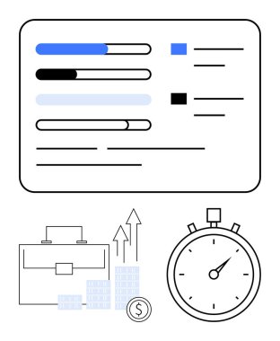 Analitik torpido gözünde ilerleme çubukları, bar çizelgesi, bozuk para ve kronometre ile dolu evrak çantası. İş performansı, proje yönetimi, zaman izleme ve verimlilik izleme için ideal