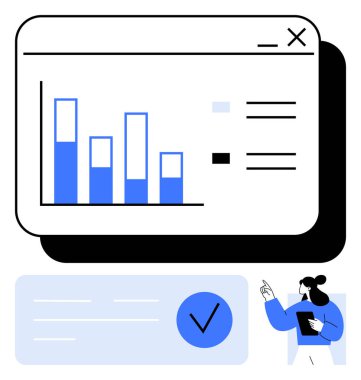 İş kadını, bar grafikleri, efsaneleri ve metinleri gösteren bir bilgisayar ekranındaki veriyi analiz ediyor. İş, istatistik, veri analizi, sunumlar ve proje yönetimi planlaması için ideal. Çizgi