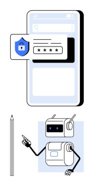 Kilit simgesi giriş stili akıllı telefon ve robot asistan. Siber güvenlik, yapay zeka, teknoloji, veri koruması, kullanıcı yönlendirmesi, şifre güvenliği, mobil uygulamalar için ideal temalar. Satır metaforu