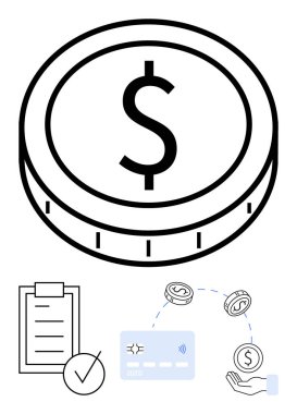 Dolar işaretli büyük para, işaretli kontrol listesi, kredi kartı ve el. Finansal planlama, bütçe, bankacılık, çevrimiçi işlemler tasarruf yatırımları ve para yönetimi için ideal. Çizgi