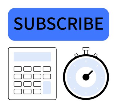 Large blue Subscribe button calculator stopwatch. Ideal for time management, productivity, subscriptions, financial planning, reminders, efficiency, scheduling. Line metaphor clipart