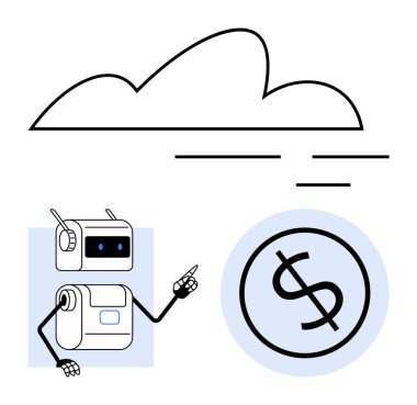 Robot bulutların altındaki dolar sembolünü gösteriyor. Teknoloji, finans, otomasyon, yenilik, yapay zeka, bulut hesaplama, dijital ekonomi için idealdir. Satır metaforu