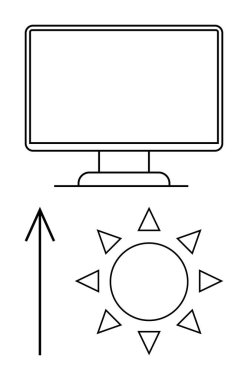 Computer monitor with thick bezels and a stand, an upward black arrow, and a sun with triangle rays. Ideal for technology, energy, progress, sustainability, innovation, computer science clipart