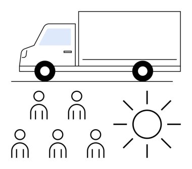 Altı soyut insandan oluşan minimalist bir kamyon grubu, Sun. Takım çalışması, ulaşım, lojistik, topluluk, işbirliği, ilerleme ve gelecek için ideal. Satır metaforu