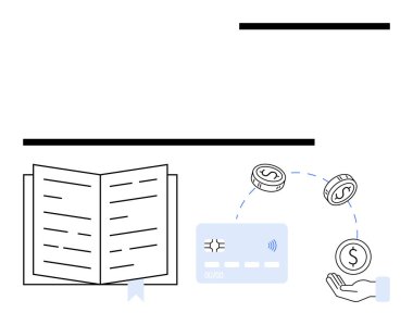 Metin satırları, kredi kartı ve bir ele doğru hareket eden bozuk paralarla dolu açık bir kitap. Finansal okur yazarlık, para yönetimi, bankacılık, eğitim, e-ticaret yatırımları tasarrufları için idealdir. Satır metaforu