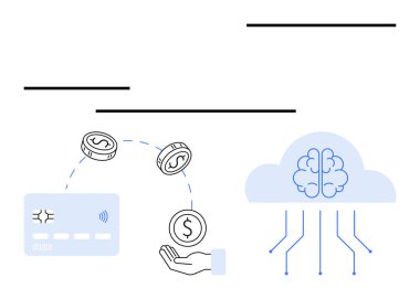 Temassız simgesi olan kredi kartı, el yapımı bozuk paralar, beyinli bulut ve bağlantı hatları. Fintech için ideal, dijital ödemeler, bulut teknolojisi, yapay zeka, bankacılık e-ticaret yeniliği. Çizgi