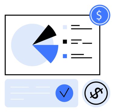 Financial dashboard with pie chart, checklist, dollar sign, and check mark showcasing data analysis and monetary themes. Ideal for financial reports, budgeting, business strategy, and educational clipart