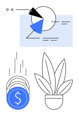 Pasta grafiği, mavi paralar ve finansal büyümeyi, yatırımı ve sürdürülebilirliği sembolize eden saksı bitkisi içeren minimalist tasarım. Sunumlar, pazarlama, eğitim, finans ağı ve v08siteler için ideal