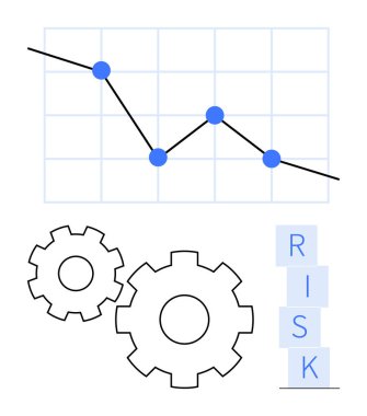 Veri noktalarıyla aşağı doğru çizgi grafiği, iki makine dişlisi, ve RISK yazımını engelleyen bloklar. İş stratejisi, mali planlama, risk değerlendirmesi, proje yönetimi, süreç optimizasyonu için ideal