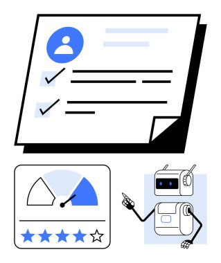 İş değerlendirme belgeleri, işaretli kontrol listesi, 5 yıldızlı performans göstergesi ve yardım sağlayan dost robot. Verimlilik, başarı, otomasyon, gözden geçirme, değerlendirme için ideal