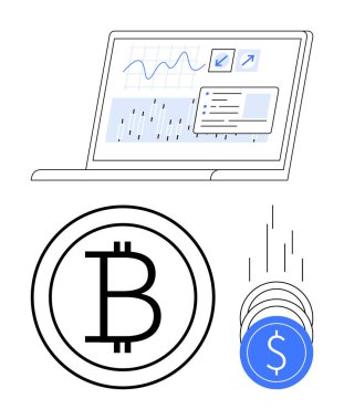 Finansal grafikler, veriler, Bitcoin sembolü ve düşen dolar paralarını gösteren dizüstü bilgisayar. Finans, kripto para birimi, yatırım, ticaret, piyasa analizi için ideal ekonomik trendler fintech. Satır metaforu