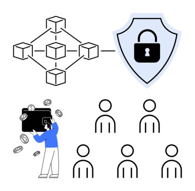 Engelleme zinciri yapısı, kilitli kalkan, kripto para birimini yöneten sopa figürü cüzdan, kullanıcı simgeleri. Kripto para birimi, engelleme zinciri, ağ güvenliği, finans teknolojisi, dijital cüzdanlar, kullanıcı