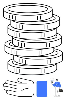 Yığınla bozuk para, uzanmış el ve ampul tutan iş adamı. Finansal başarı, yatırım, girişimcilik, strateji, yenilik zenginlik ödülü kavramları için idealdir. Satır metaforu