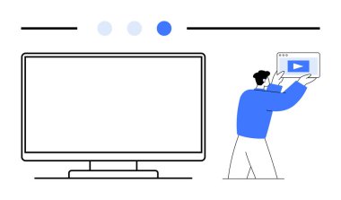 Büyük bir bilgisayar monitörü ve elinde video oynatma tuşu olan bir tablet tutan biri. Sunumlar, video dersleri, web siteleri, çevrimiçi eğitim, teknik destek, sanal konferanslar, dijital dersler için ideal