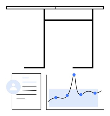 Çalışma alanı temel belgeleri, analiz grafiği ve profil simgesine sahip bir masa. Takım işbirliği, veri stratejisi, ofis verimliliği, işyeri organizasyonu, teknoloji entegrasyonu, veri analizi için ideal