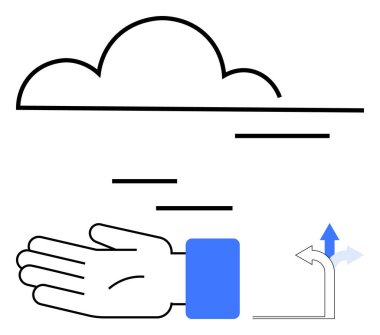 Mavi manşet sağ tarafta, basit bir kara bulutun altında. Yukarıyı ve sağı gösteren yön oku. Hava, navigasyon, seçim, basitlik, minimalizm, vektör tasarımı için ideal