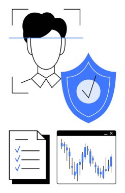 Koruyucu kalkanlı biyometrik yüz tanıma, işaretli kontrol listesi ve şamdanlı mali grafik. Güvenlik, kimlik doğrulama, veri koruması, uyum ve finans için ideal