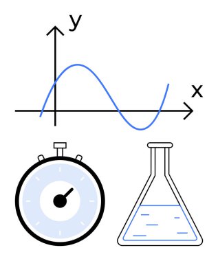 Mathematical graph with sine wave stopwatch and laboratory flask with liquid. Ideal for education, data analysis, science, research, time management, physics, chemistry. Line metaphor clipart