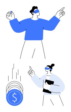 İnsanlar dijital para birimi ve finansal verilerle uğraşmak için sanal gerçeklik kulaklıkları kullanıyorlar. Erkek jetonu tutarken işaret eder, kadın bozuk para ve tabletle el kol hareketi yapar. Finans, VR ve teknoloji için ideal