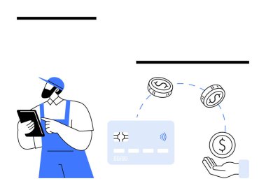 Tamirci elinde tablet, ödeme işlemlerini gözlemliyor. Kredi kartı ve dijital paralar elden geçiyor. Finans, teknoloji, mobil ödemeler, e-ticaret, tüccarlar, dijital